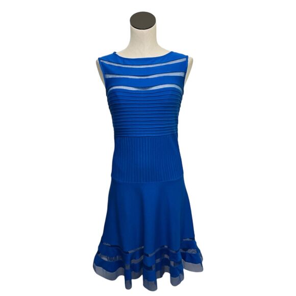 Tadashi Shoji Sleeveless Illusion Mesh Stripe Fit & Flare Dress Blue Size Small - Picture 1 of 15